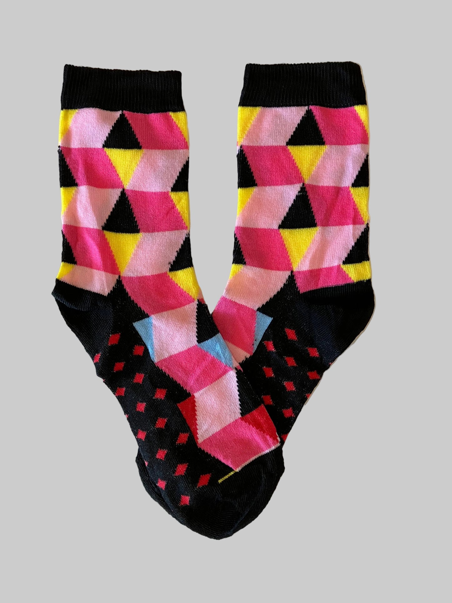 Men's Black Triangles & Pink/Light Pink/Red Diamonds Novelty Sock - Shoe Size 7-11