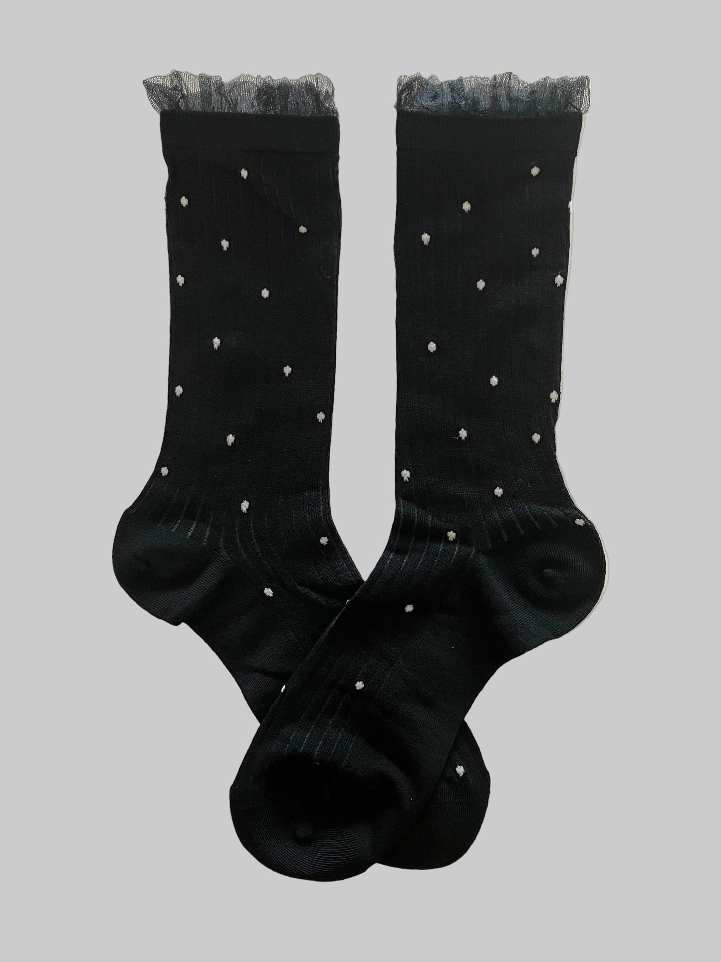 Women's Sheer Crew Socks Bamboo Black w/White Polka Dot - One Size