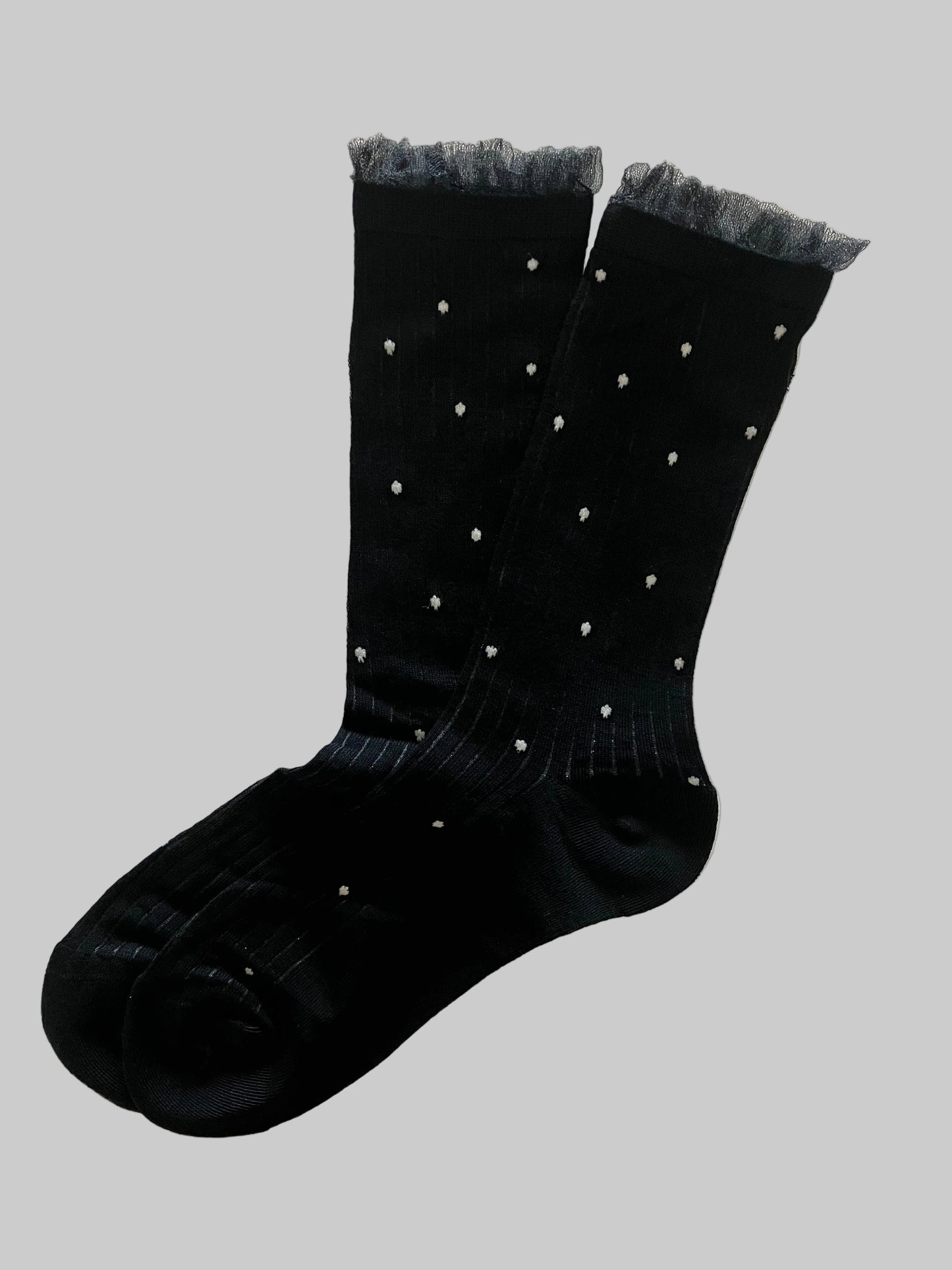 Women's Sheer Crew Socks Bamboo Black w/White Polka Dot - One Size