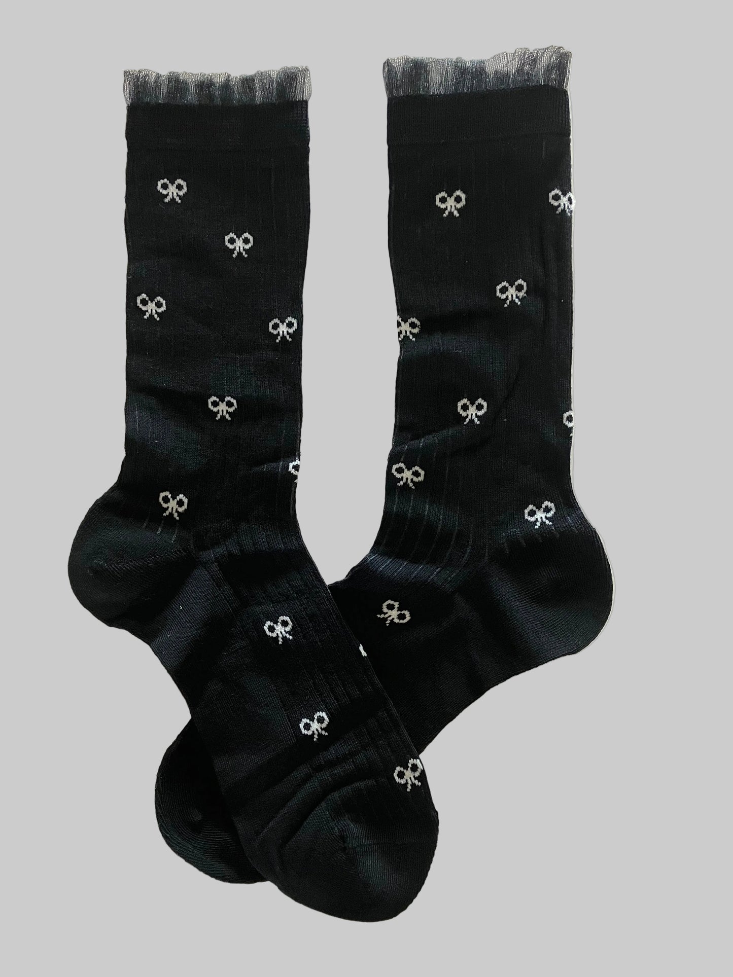 Women's Bamboo Mid-Calf Lace Trim Bow Tie Socks - Black