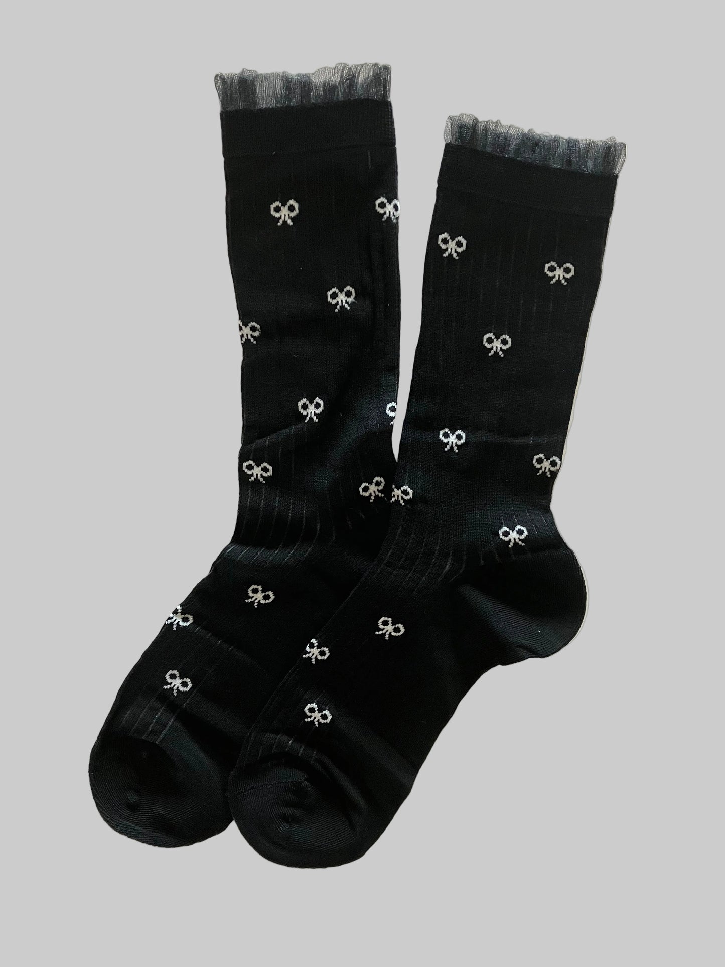 Women's Bamboo Mid-Calf Lace Trim Bow Tie Socks - Black