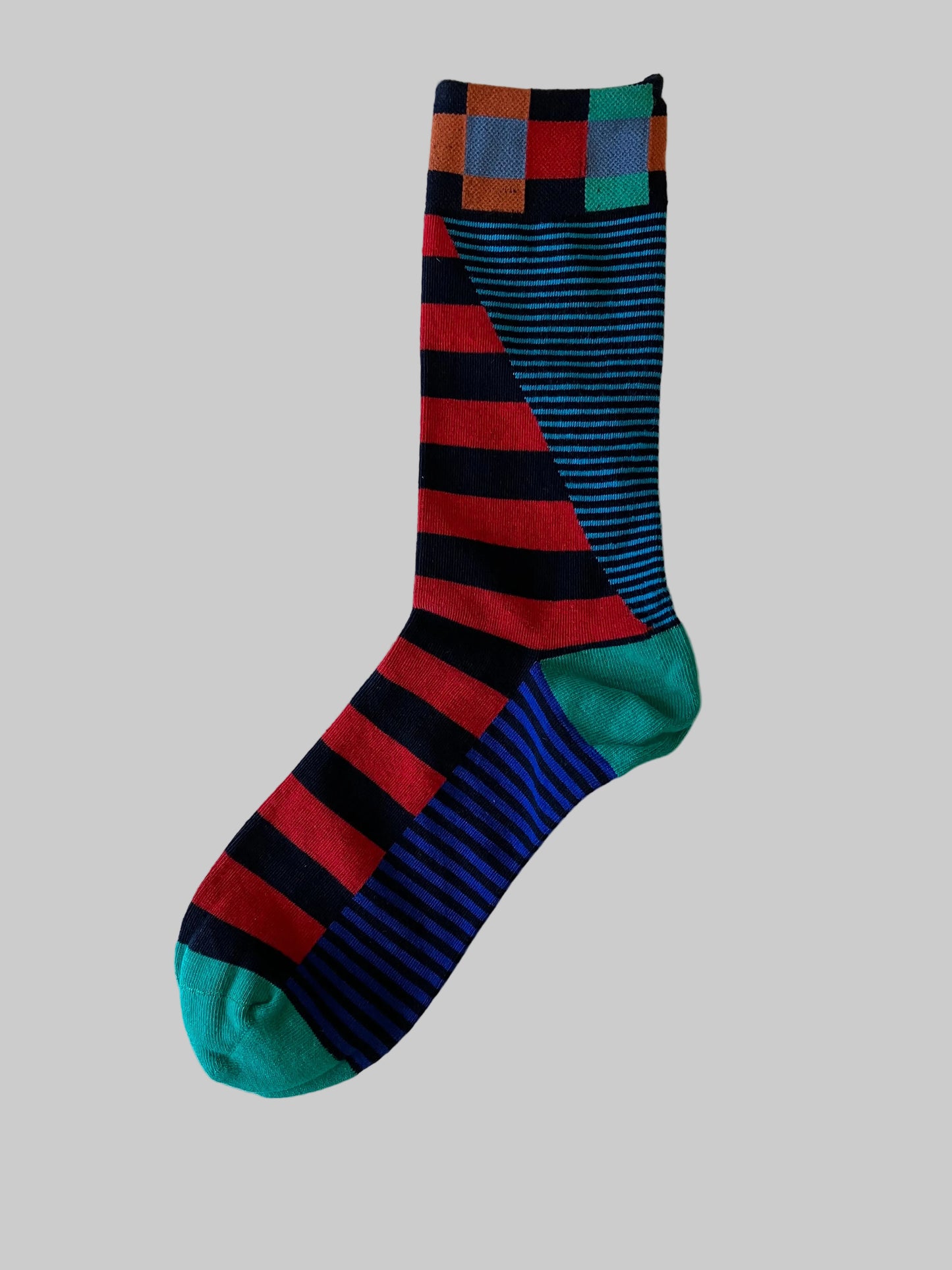 Men's Crew Socks Orange, Black, Blue, Red & Green Checkered Cuff w/Stripes