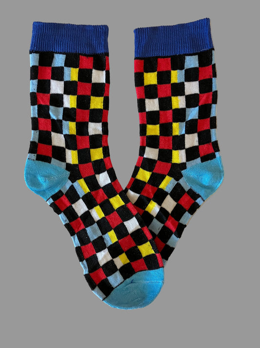 Men's Blue Checkerboard Pattern Blue/Black/Red/Yellow Novelty Sock - Shoe Size 7-11