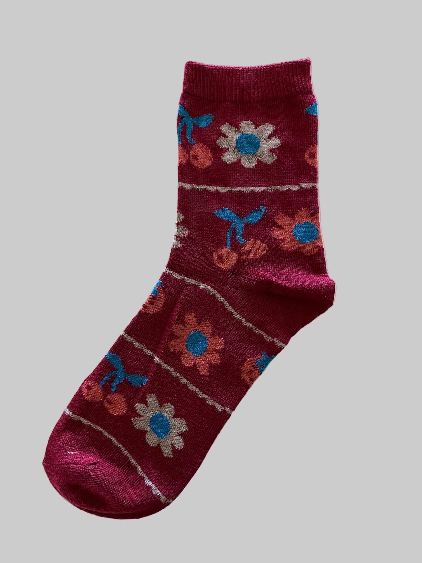 Women's Crew Socks Burgundy with Cherries and Flowers