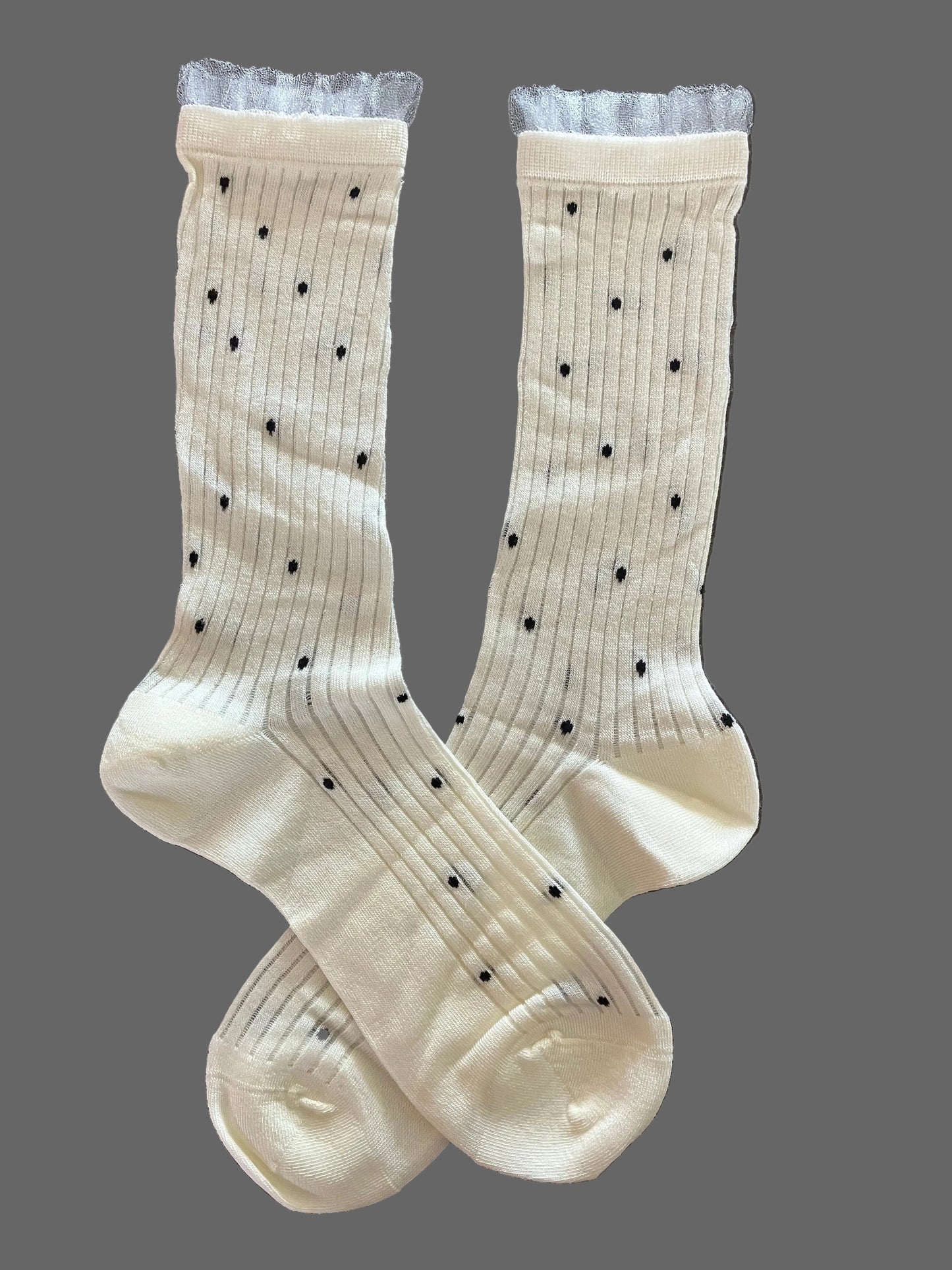 Women's Sheer Crew Socks Bamboo Cream w/Black Polka Dot - One Size