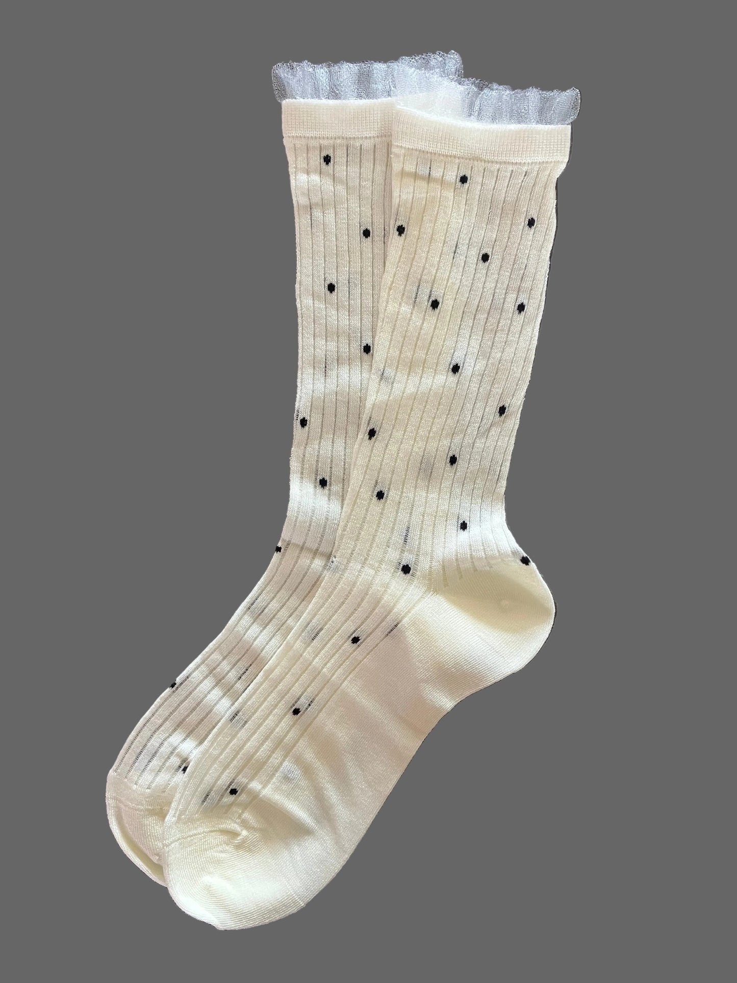 Women's Sheer Crew Socks Bamboo Cream w/Black Polka Dot - One Size