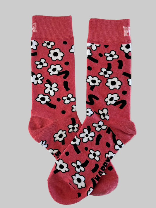 Women's Dark Pink Dancing Flower Crew Socks