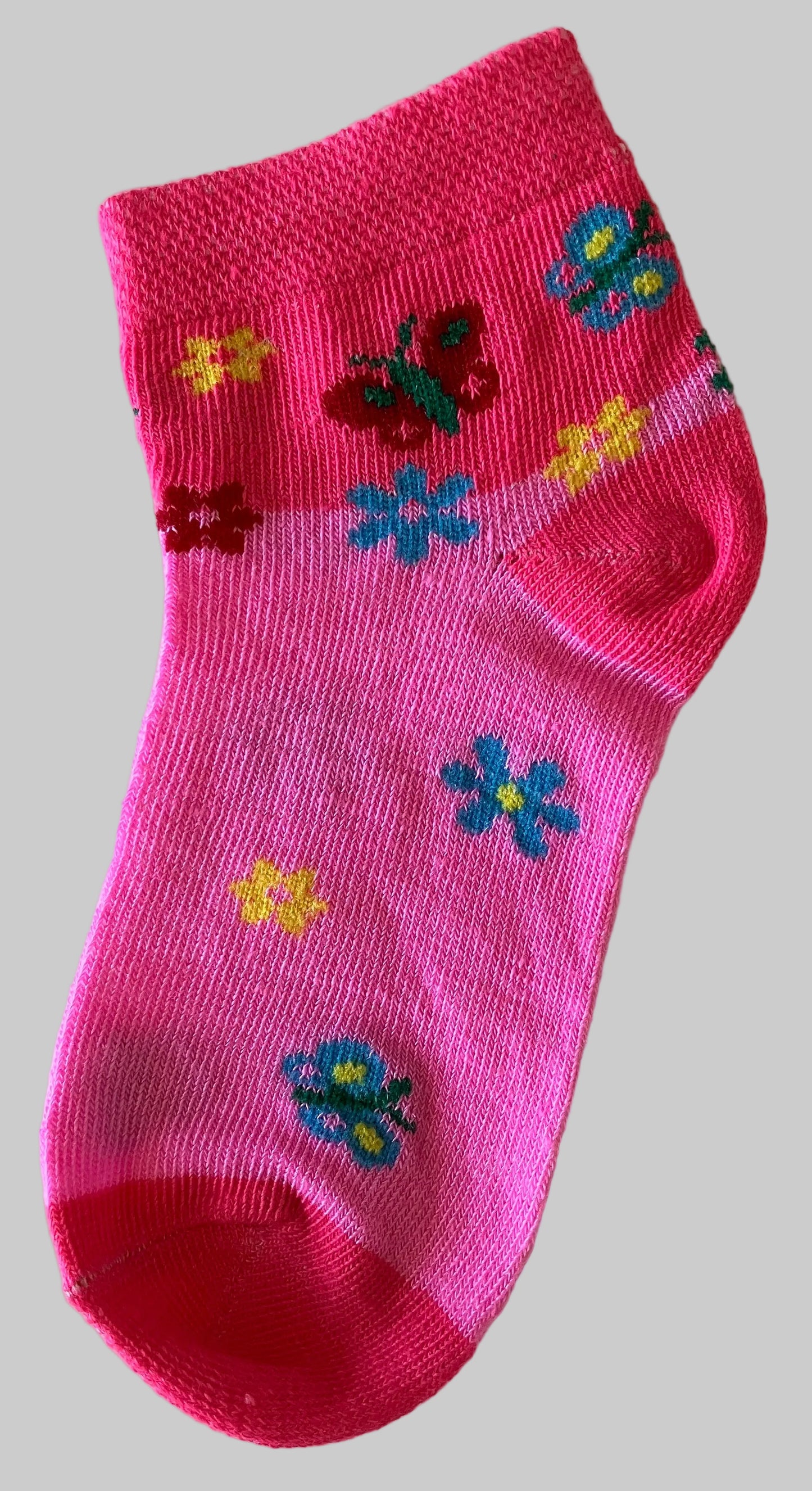 Girls' Butterfly Ankle Socks – Dark Pink w/Red & Blue Butterflies