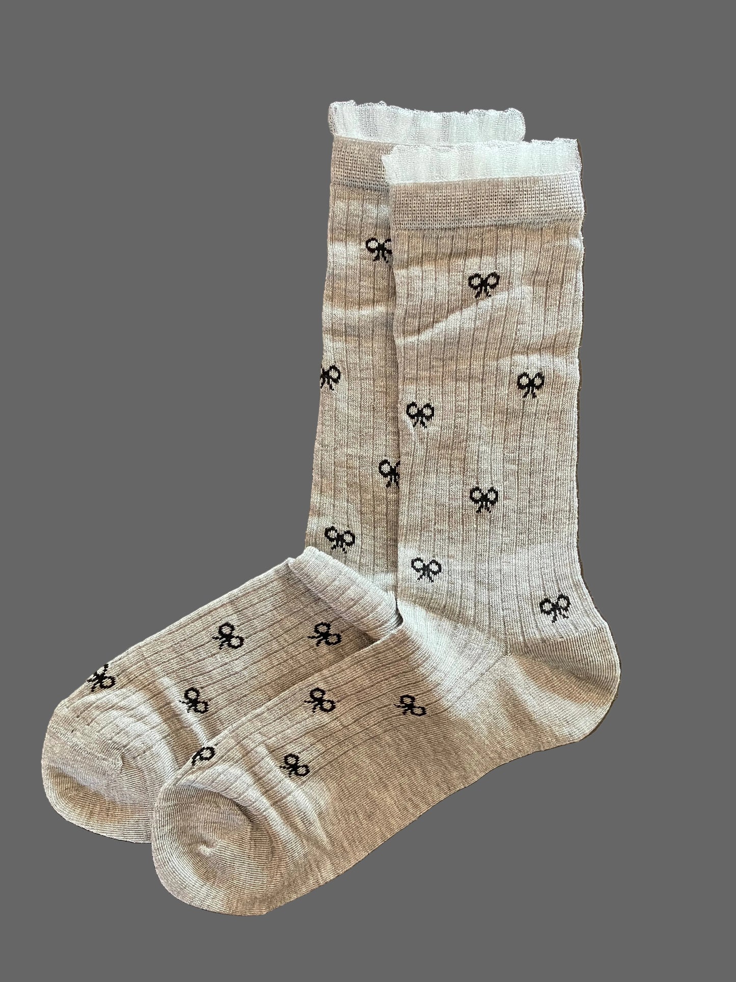 Women's Sheer Crew Socks Bamboo Gray w/Black Bows White Trim - One Size
