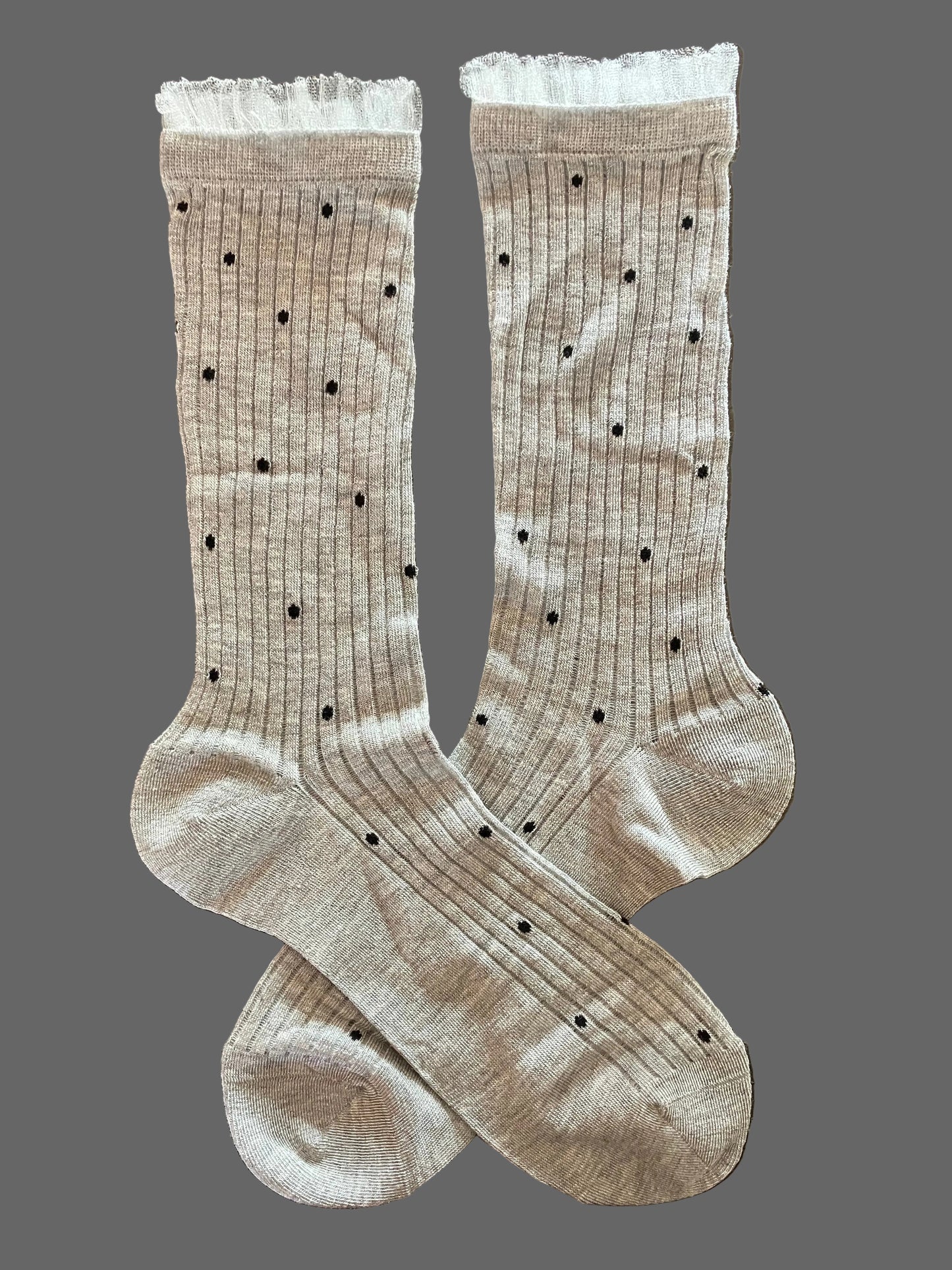 Women's Sheer Crew Socks Bamboo Gray w/Black Polka Dot - One Size