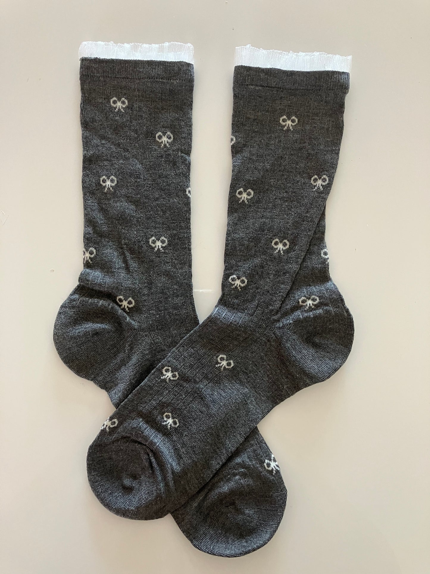 Women's Bamboo Mid-Calf Socks Lace Trim w/ Bow Tie - Dark Gray - One Size