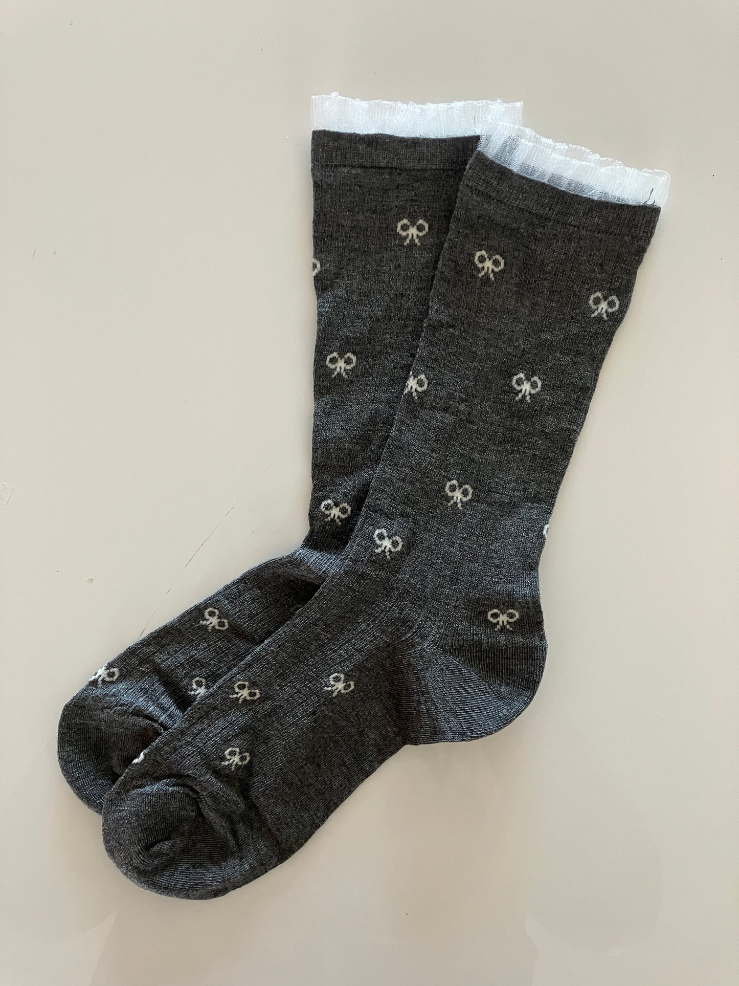 Women's Bamboo Mid-Calf Socks Lace Trim w/ Bow Tie - Dark Gray - One Size
