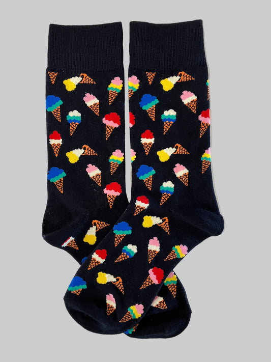 Unisex Black with Multi-Color Ice Cream Cones Crew Socks