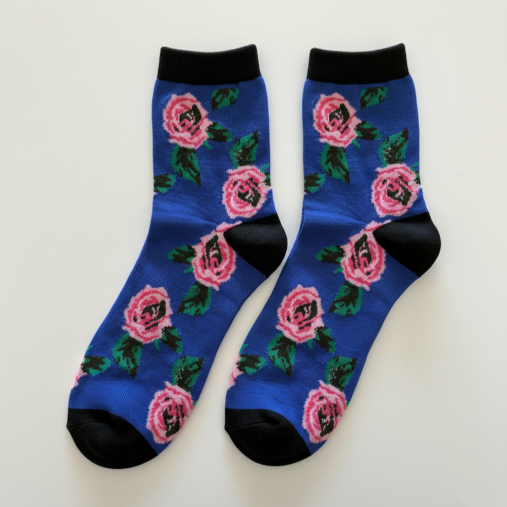 AI generated product image of blue crew socks with pink roses