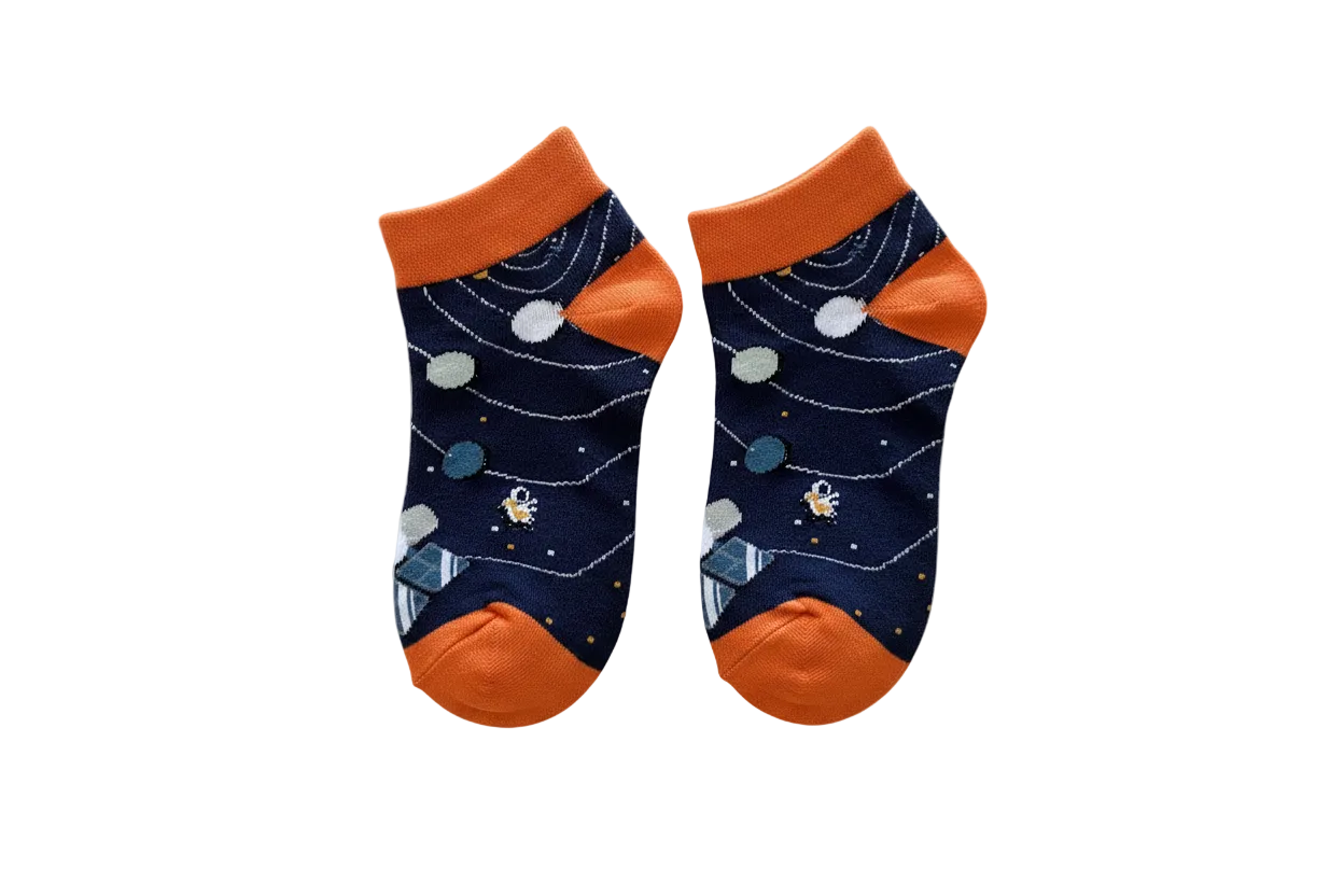 Boys' Ankle Socks – Space Theme Orange Accent, two socks side by side
