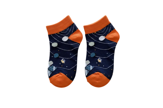 Boys' Ankle Socks – Space Theme Orange Accent, two socks side by side