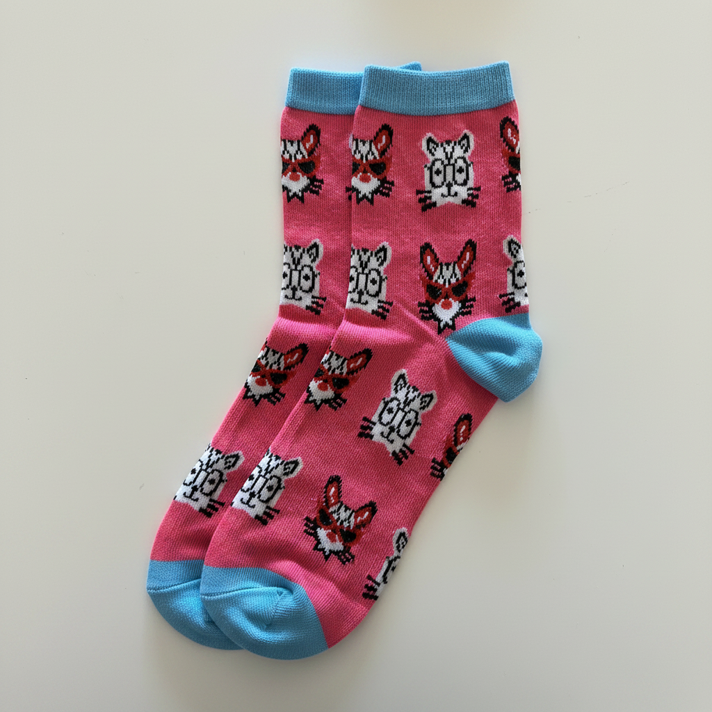 AI generated product image of pink cat crew socks with blue accents