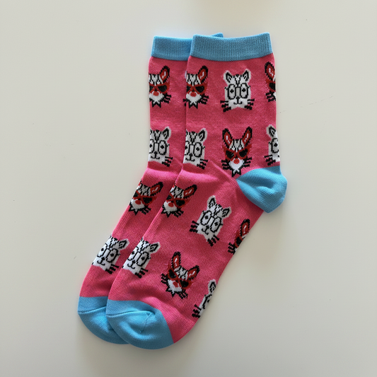 AI generated product image of pink cat crew socks with blue accents