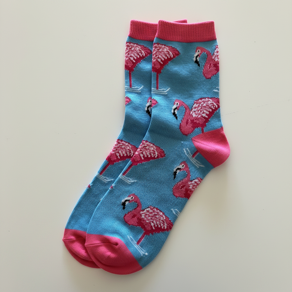 AI generated product image of blue crew socks with pink flamingos