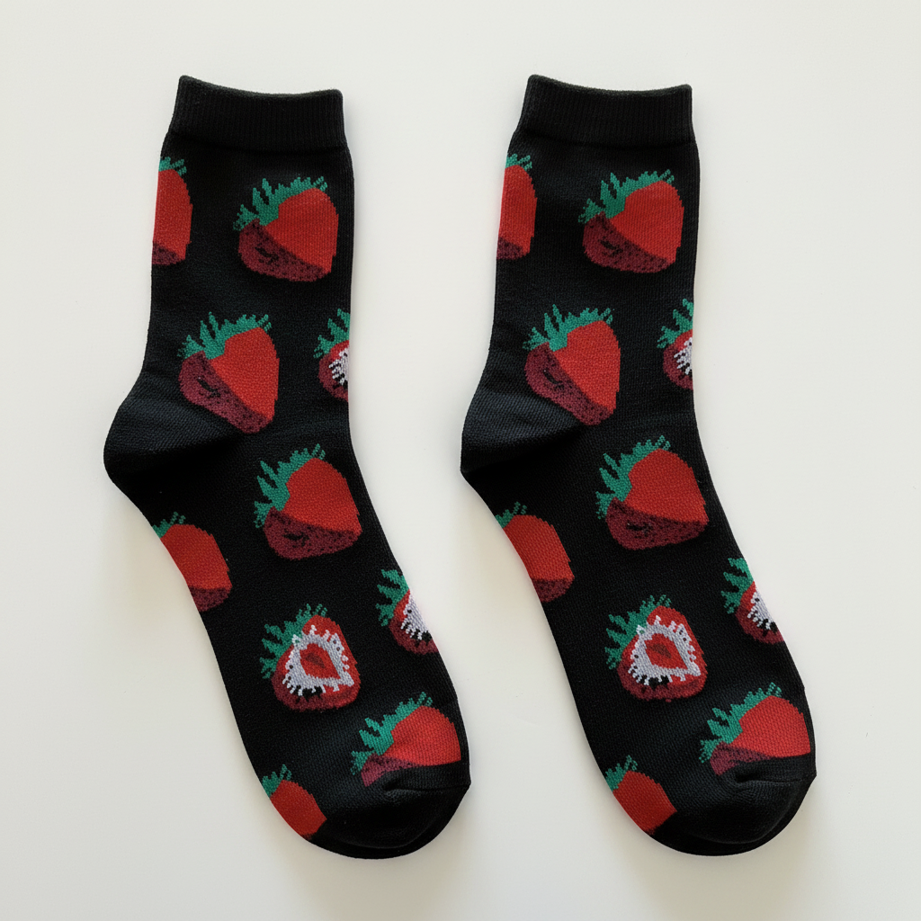 AI generated product image of black crew socks with red strawberries