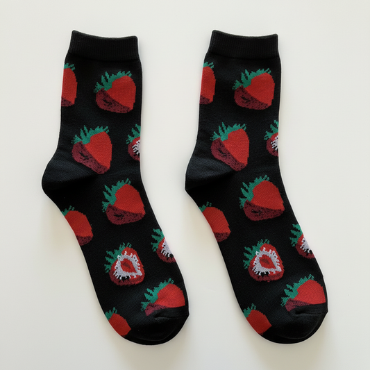 AI generated product image of black crew socks with red strawberries