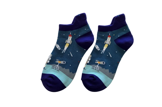 Boys' Ankle Socks – Space Theme Dark Blue Accent, two socks side by side