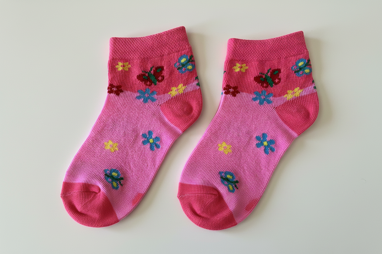 Girls' Butterfly Ankle Socks – Dark Pink w/Red & Blue Butterflies, two socks side by side