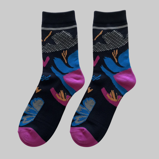 AI generated product image of black tropical blue and pink crew socks