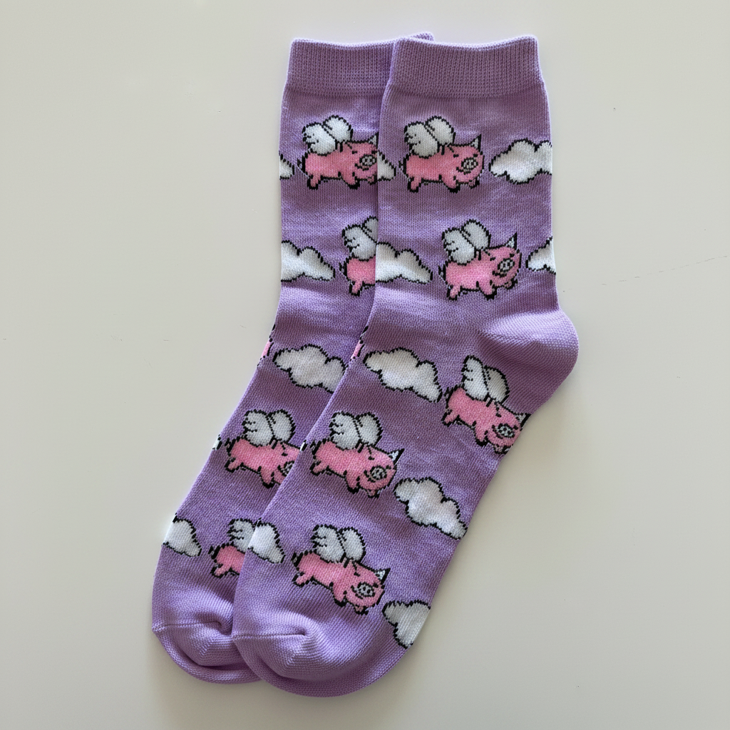 AI generated product image of purple when pigs fly crew socks