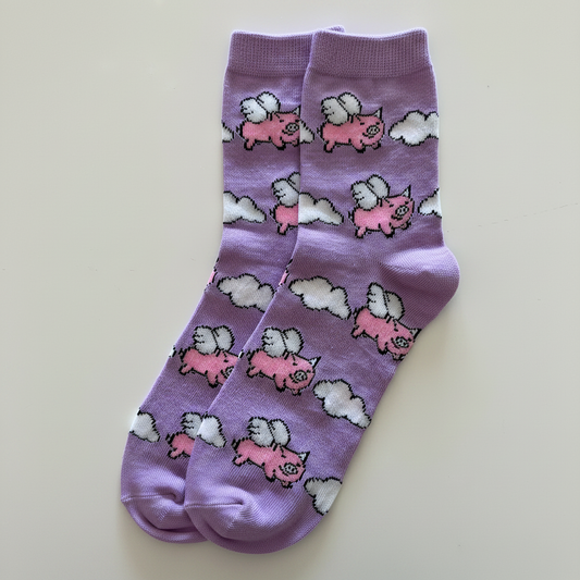 AI generated product image of purple when pigs fly crew socks