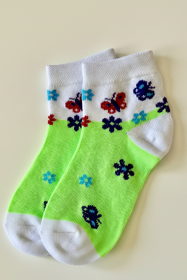 Girls' Butterfly Ankle Socks – Green & White w/Red & Blue Butterflies