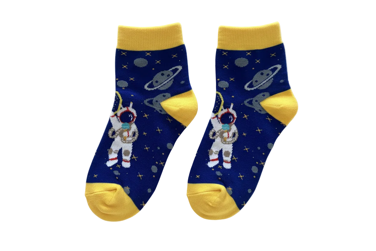 Boys' Ankle Socks – Space Theme Yellow Accent, two socks side by side