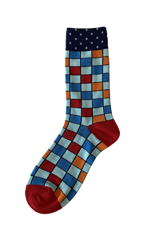 AI generated image of men's crew socks with navy polka dot cuff and colorful checker pattern