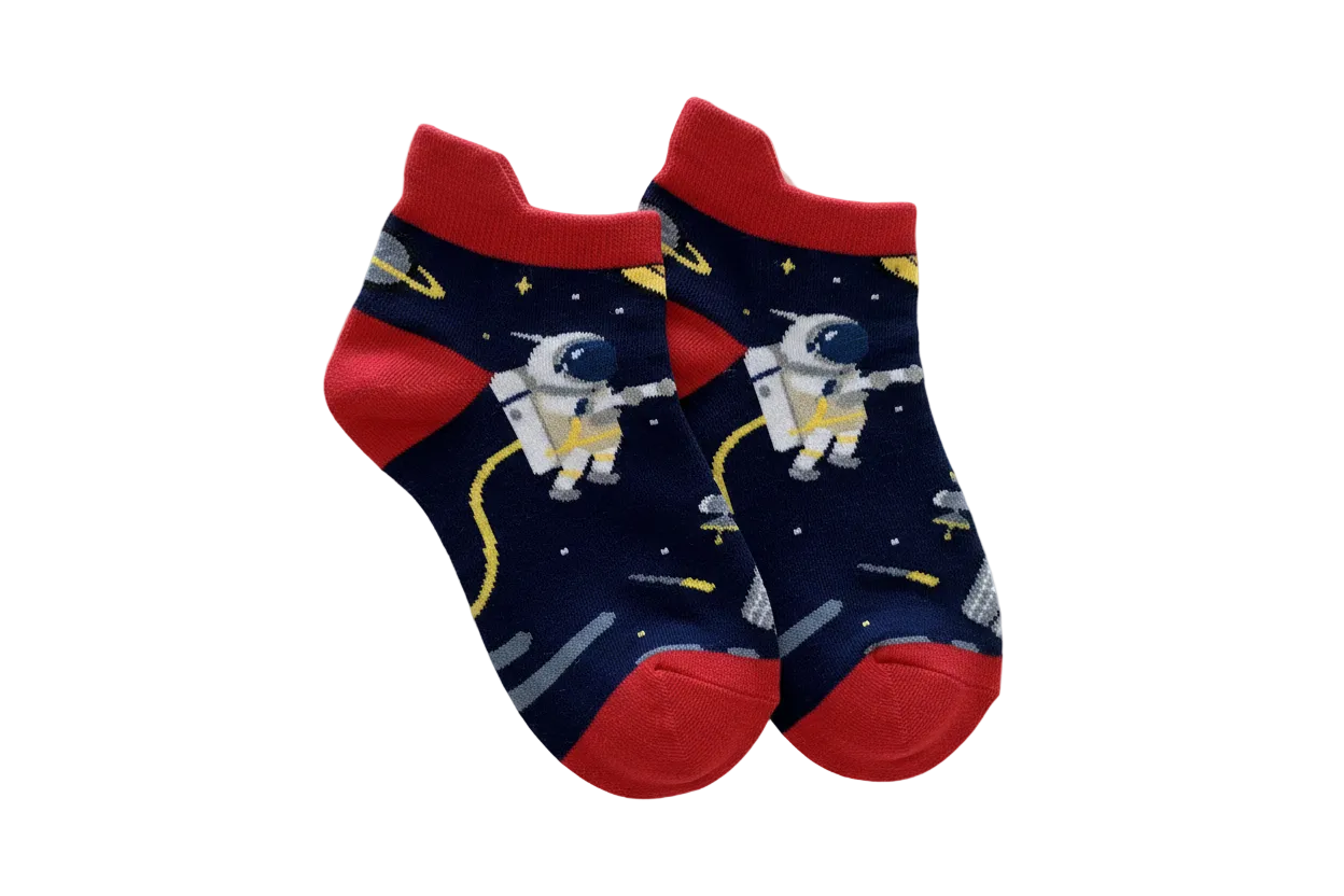 Boys' Ankle Socks – Space Theme Red Accent, two socks side by side