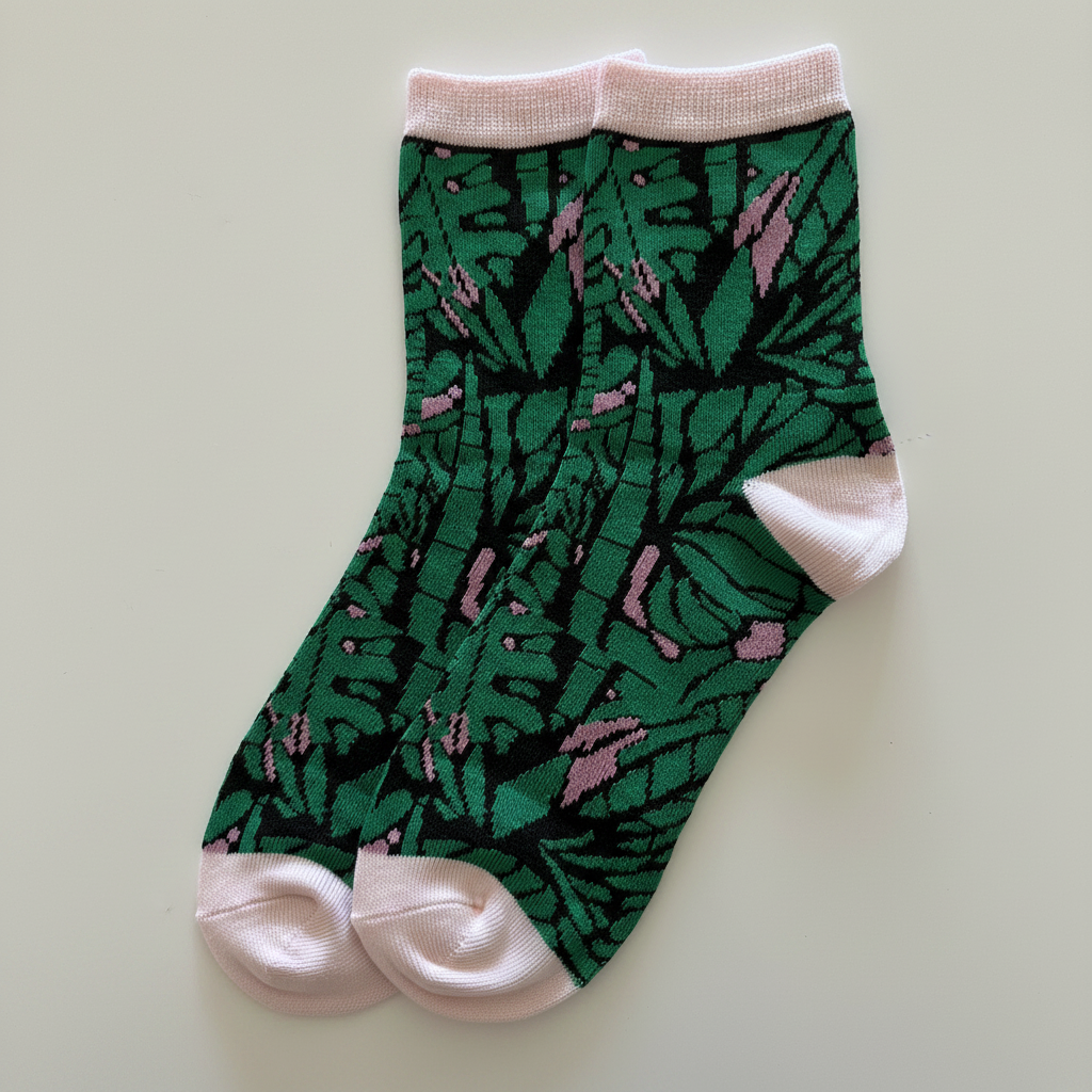 AI generated product image of green palm crew socks with pink accent