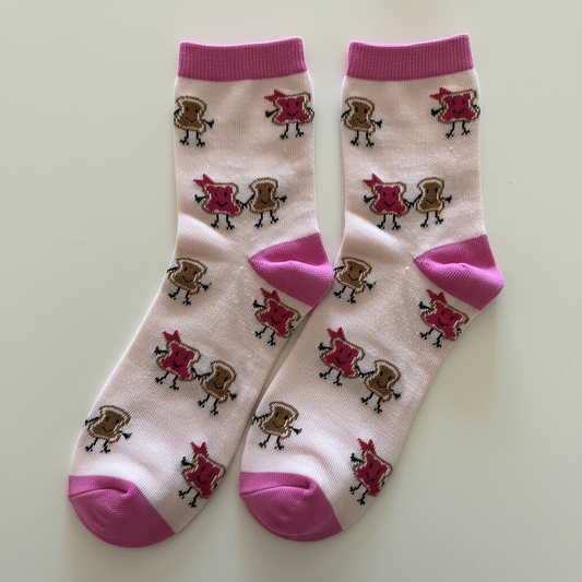 AI generated product image of pink peanut butter and jelly crew socks