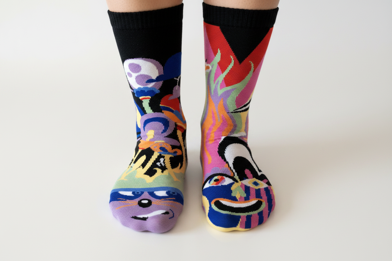 Two feet each wearing one of the Shy & Outgoing mismatched crew socks