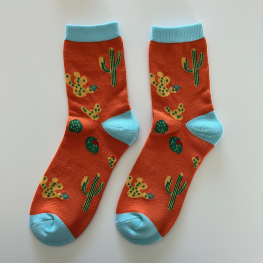AI generated product image of orange desert cactus crew socks with blue accents