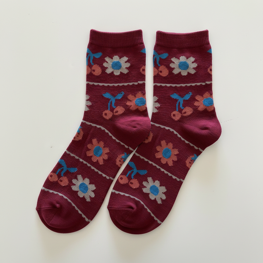 AI generated product image of burgundy crew socks with cherries and flowers