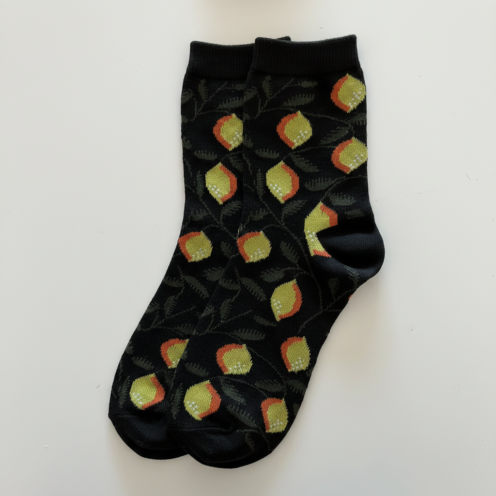 AI generated product image of black crew socks with yellow orange acorns