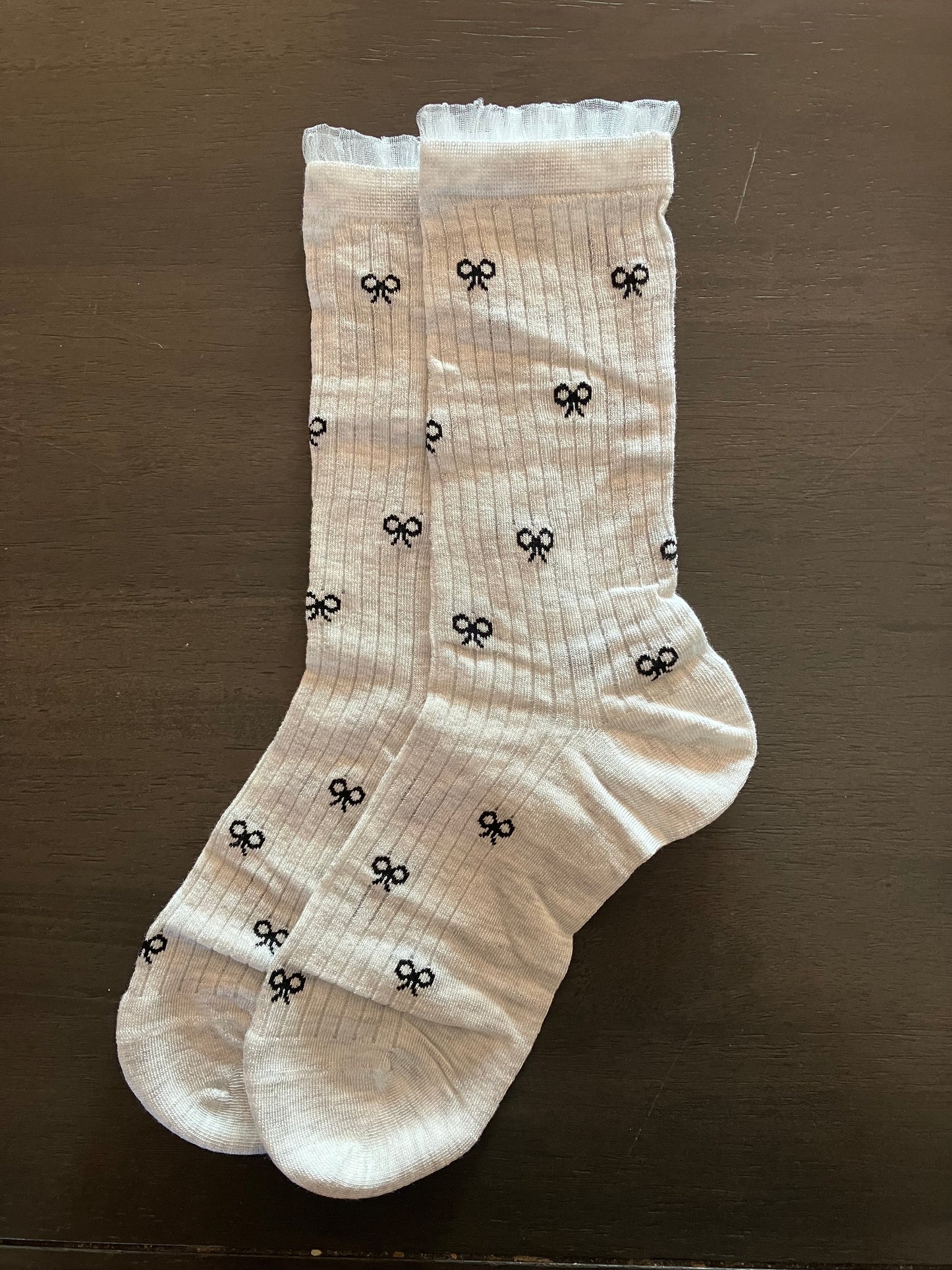 Women's Sheer Crew Socks Bamboo Light Gray w/Black Bows White Trim - One Size