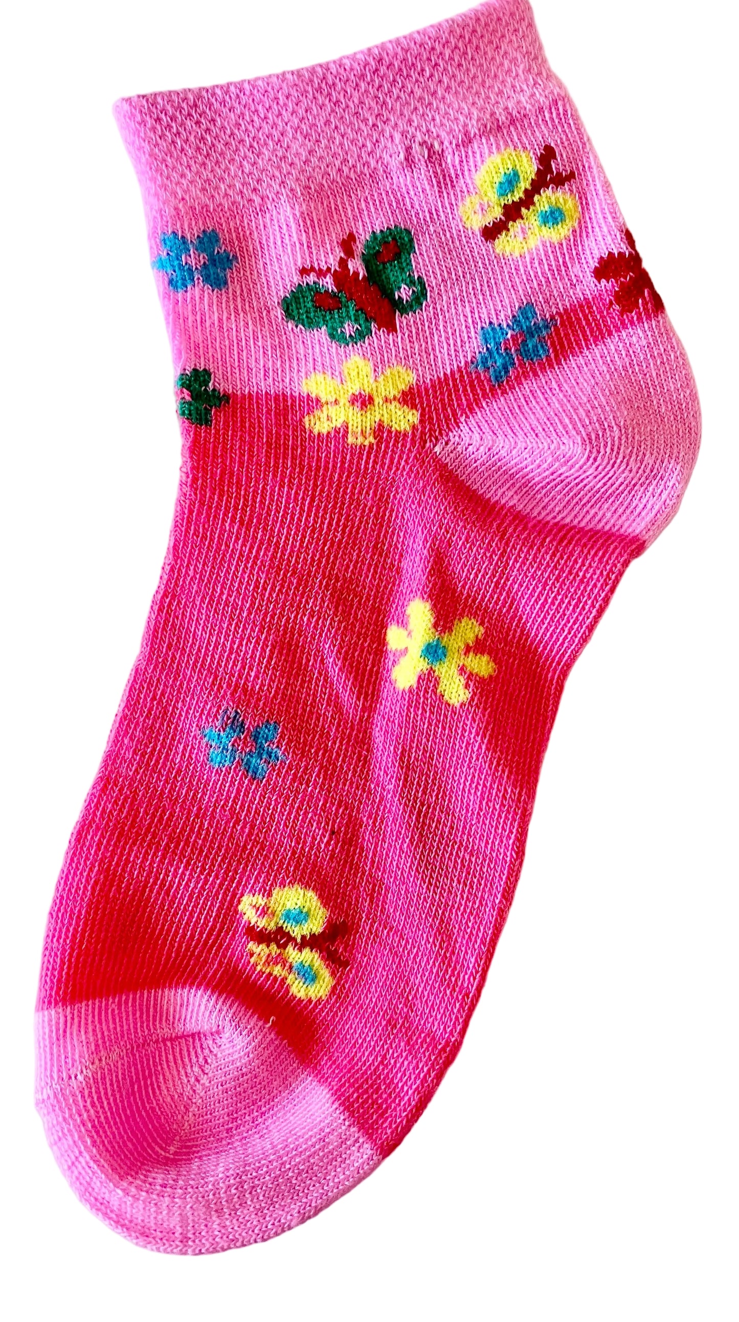Girls' Butterfly Ankle Socks – Light Pink/Dark Pink w/Green & Yellow Butterflies
