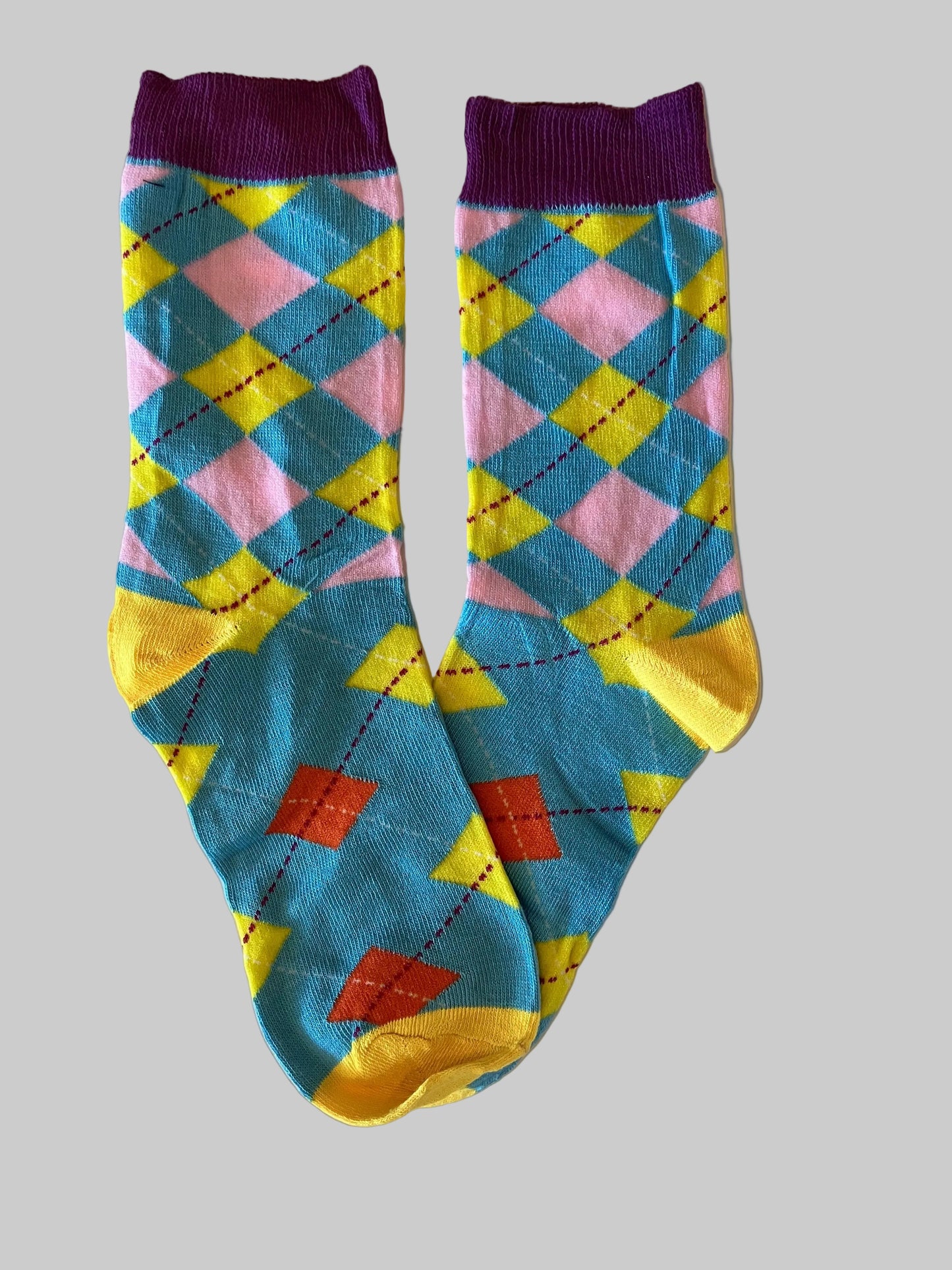 Men's Magenta/Teal/Pink/Yellow Diamonds Novelty Sock - Shoe Size 7-11