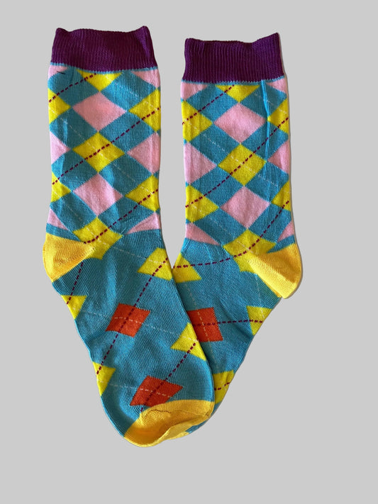 Men's Magenta/Teal/Pink/Yellow Diamonds Novelty Sock - Shoe Size 7-11