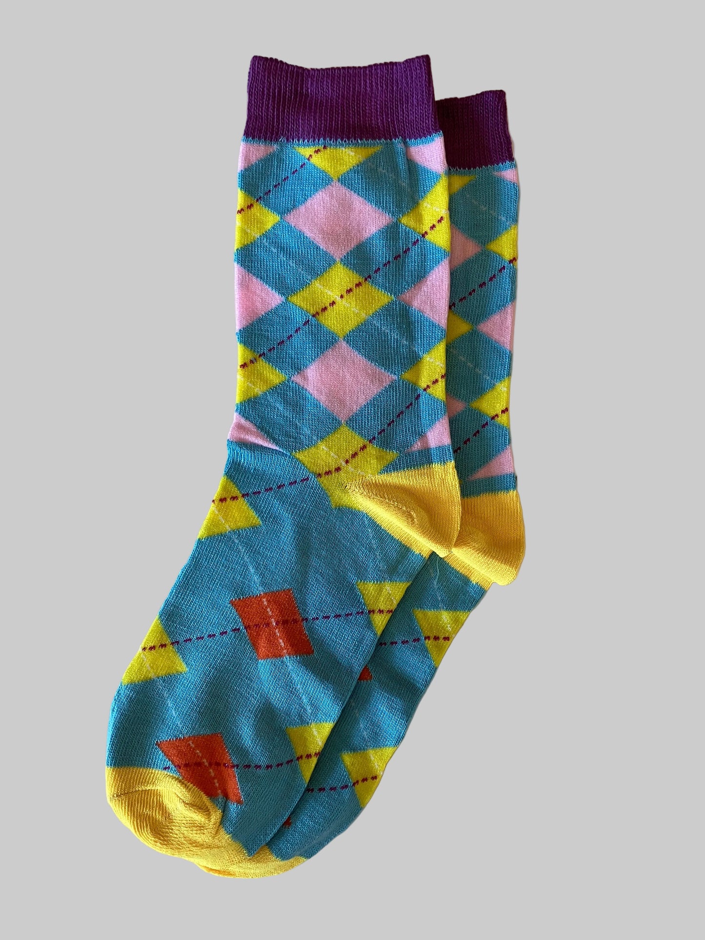 Men's Magenta/Teal/Pink/Yellow Diamonds Novelty Sock - Shoe Size 7-11