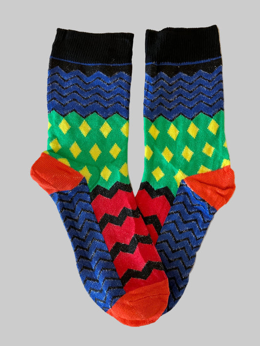 Men's Black Mismatched Red/Green/Blue Geometric Patterns Novelty Sock - Shoe Size 7-11