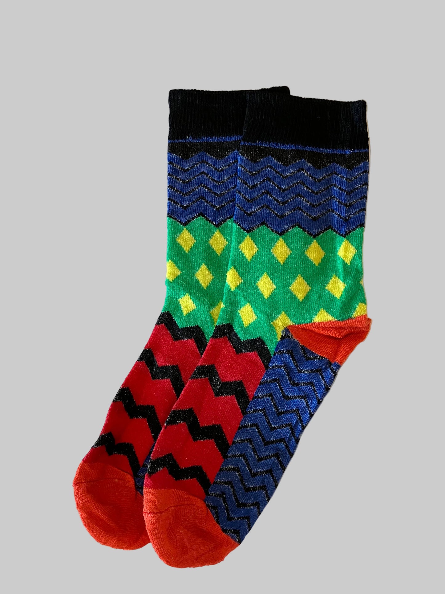 Men's Black Mismatched Red/Green/Blue Geometric Patterns Novelty Sock - Shoe Size 7-11