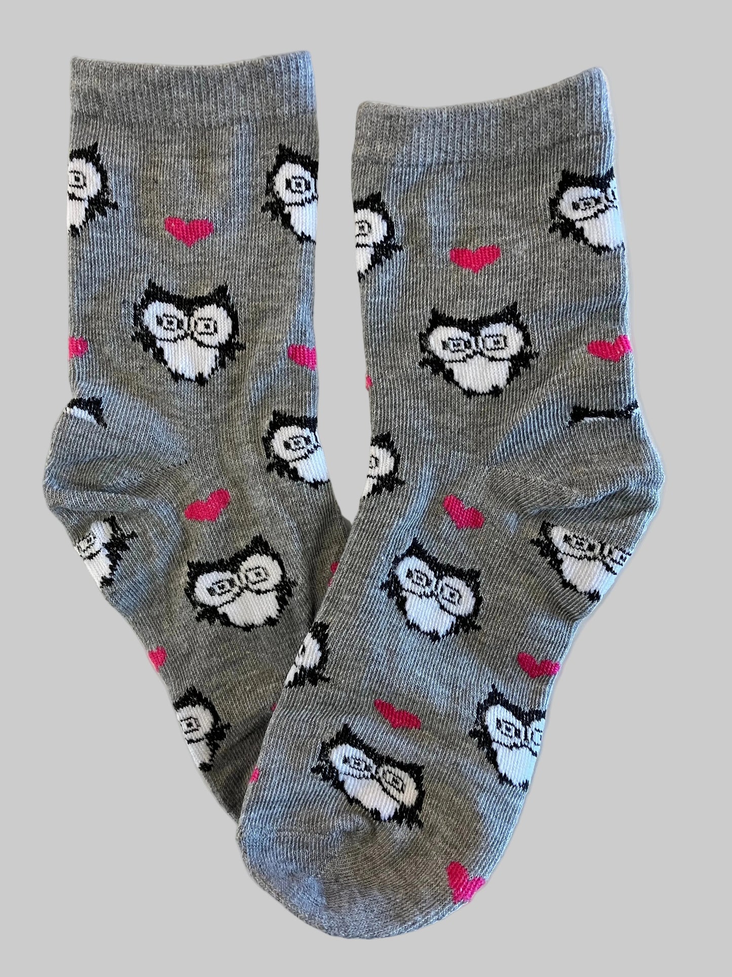 Kids Adorable Gray Owl with Pink Hearts Cotton Crew Sock