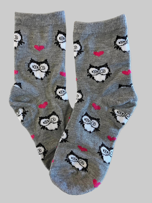 Kids Adorable Gray Owl with Pink Hearts Cotton Crew Sock