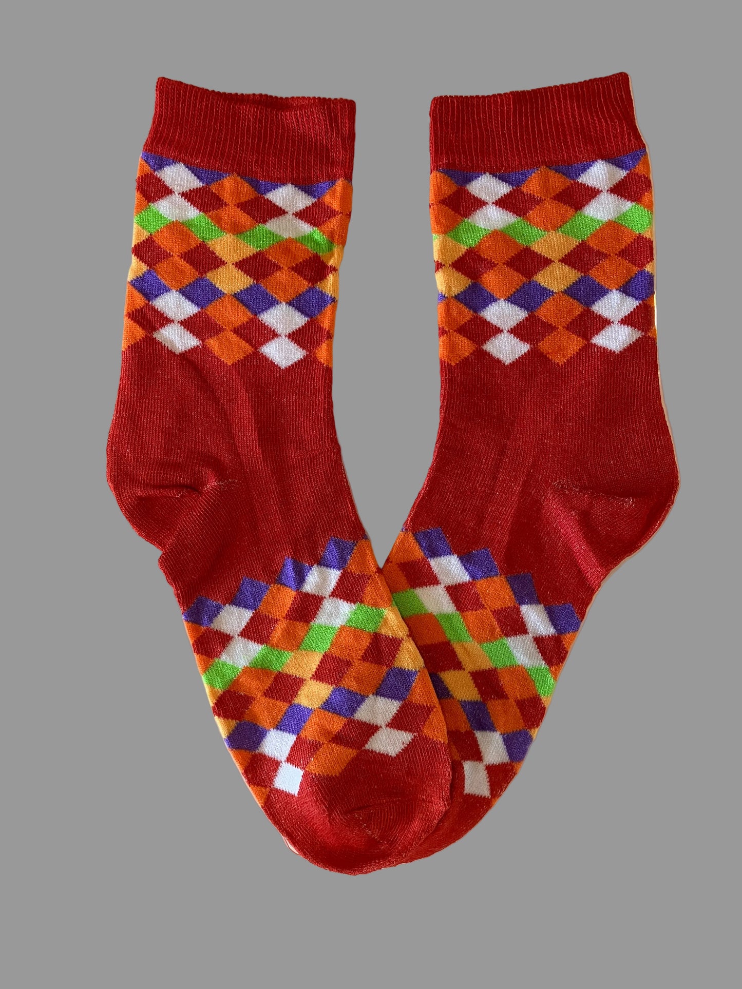 Men's Orange/Purple/White/Red Diamond Geometric Novelty Sock - Shoe Size 7-11